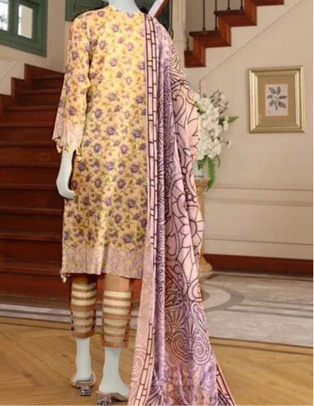 Saya Luxury Fancy Harvest Gold and Purplish Brown Chikan Kari Printed Lawn Unstitched - 3 piece