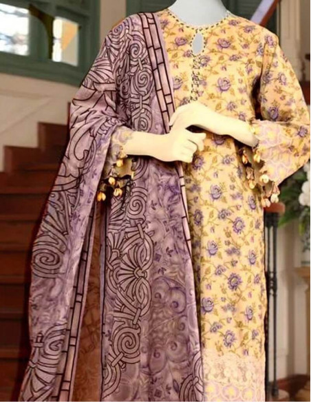 Saya Luxury Fancy Harvest Gold and Purplish Brown Chikan Kari Printed Lawn Unstitched - 3 piece