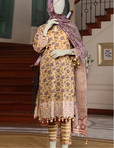 Saya Luxury Fancy Harvest Gold and Purplish Brown Chikan Kari Printed Lawn Unstitched - 3 piece