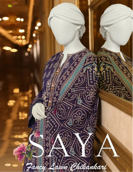 Saya Luxury Fancy Plum Purple Chikan Kari Printed Lawn Unstitched - 3 piece