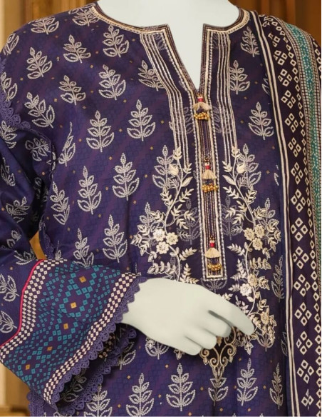 Saya Luxury Fancy Plum Purple Chikan Kari Printed Lawn Unstitched - 3 piece