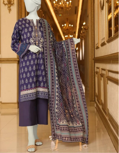 Saya Luxury Fancy Plum Purple Chikan Kari Printed Lawn Unstitched - 3 piece