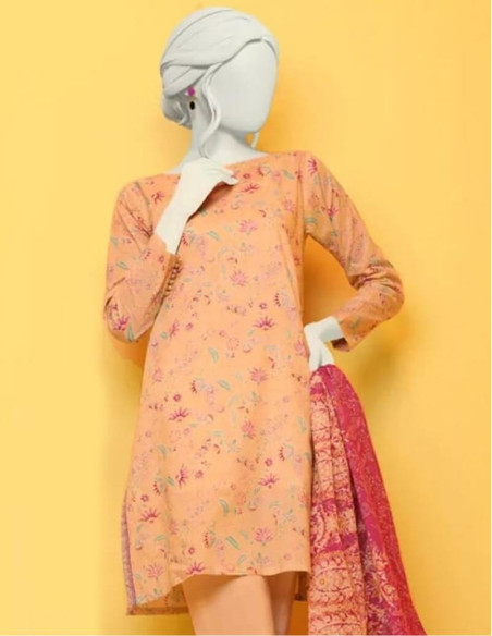 Saya Luxury Fancy Peach Orange Chikan Kari Printed Lawn Unstitched - 3 piece