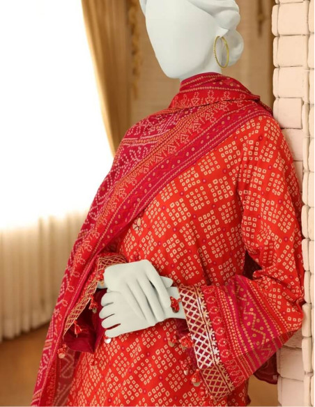 Saya Luxury Fancy Red Chikan Kari Printed Lawn Unstitched - 3 piece