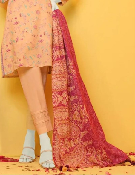 Saya Luxury Fancy Peach Orange Chikan Kari Printed Lawn Unstitched - 3 piece