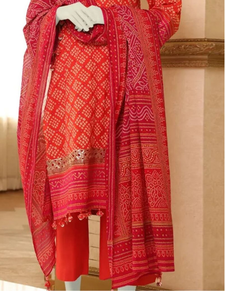 Saya Luxury Fancy Red Chikan Kari Printed Lawn Unstitched - 3 piece