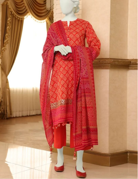 Saya Luxury Fancy Red Chikan Kari Printed Lawn Unstitched - 3 piece