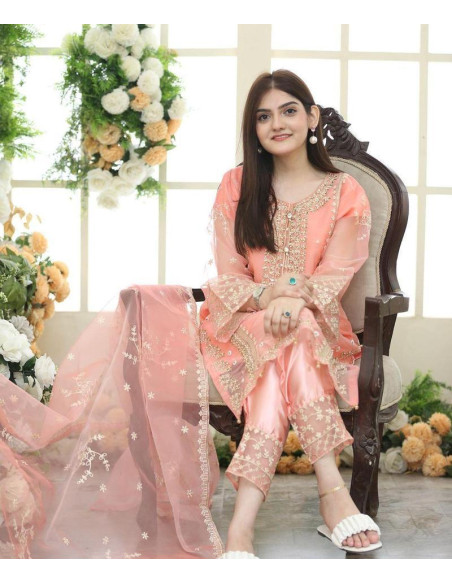 1 Pc Women's Stitched Linen Embroidered Kurta