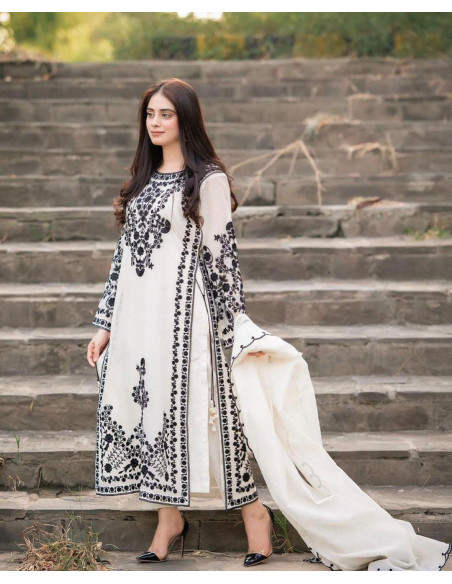 1 Pc Women's Stitched Linen Embroidered Kurta