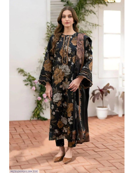 3 Pcs Women's Unstitched Karandi Printed Suit