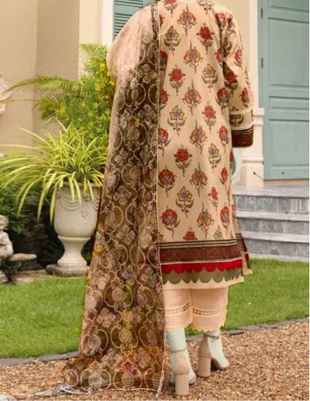 Saya Luxury Fancy Light Brown or Calico Chikan Kari Printed Lawn Unstitched - 3 piece