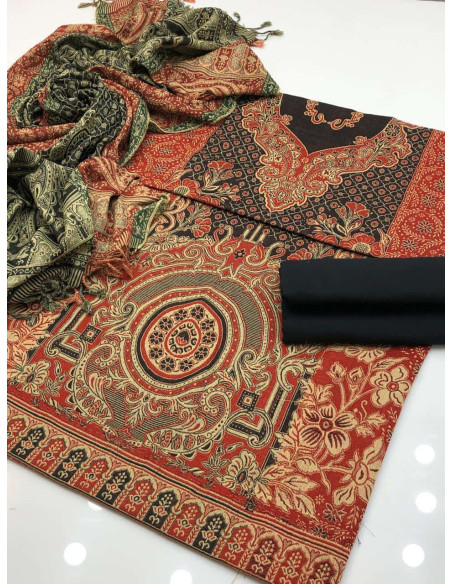 3 Pcs Women's Unstitched Jamawar Embroidered Suit