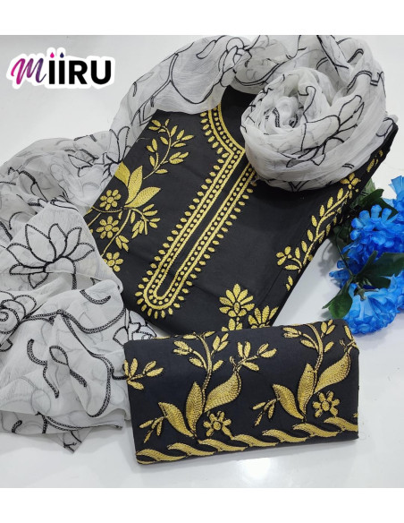 3 Pcs Women's Unstitched Cotton Embroidered Suit