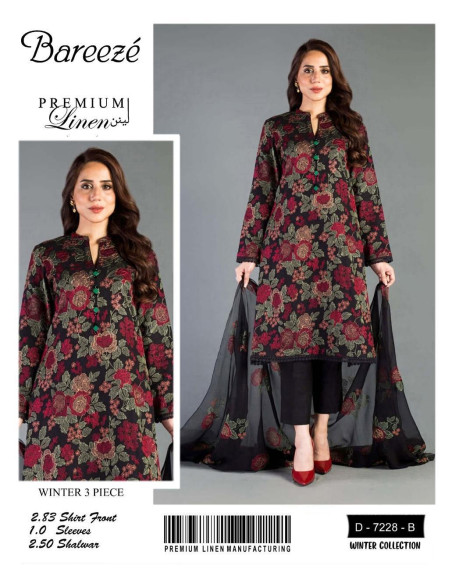 3 Pcs Women's Unstitched Linen Printed Suit