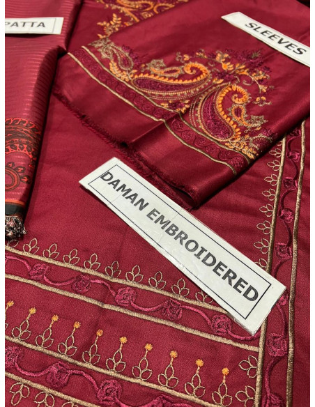 3 Pcs Women's Unstitched Dhanak Embroidered Suit