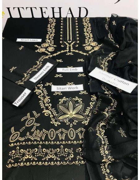 3 Pcs Women's Unstitched Lawn Embroidered Suit