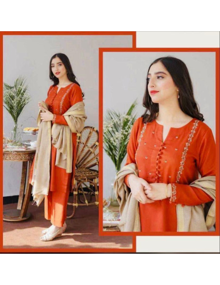 3 Pcs Women's Unstitched Dhanak Embroidered Suit