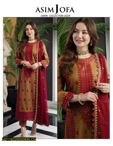 3 Pcs Women's Unstitched Swiss Lawn Embroidered Suit