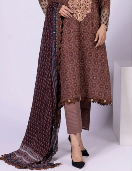 Khaadi Dull Purple and Crater Brown Khaadi Fabric Unstitched 3 Piece