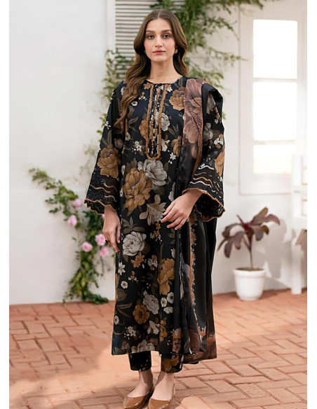 3 Pcs Women's Unstitched Linen Printed  Suit