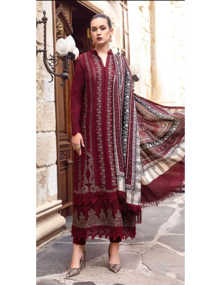 3 Pcs Women's Unstitched Dhanak Embroidered Suit