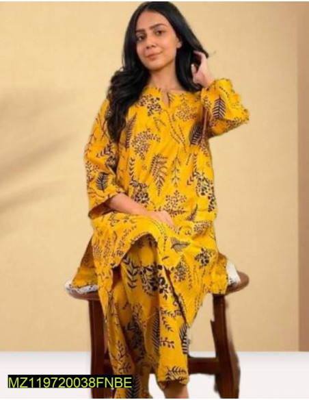 2 Pcs Women's Stitched Linen Printed Shirt And Trouser