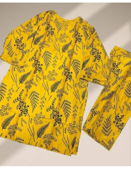 2 Pcs Women's Stitched Linen Printed Shirt And Trouser