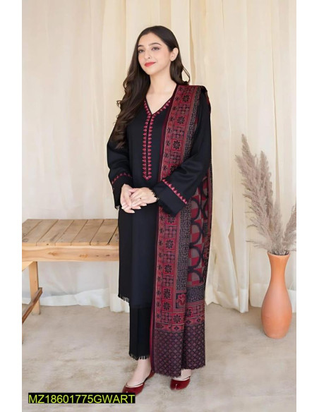 3 pcs women unstitched khaddar Embroidered suit