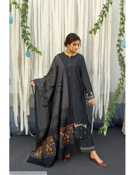 3 pcs women unstitched Dhanak Embroidered suit 