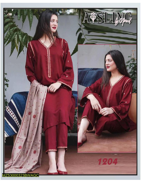 3 pcs women's unstitched Dhanak Embroidered suit