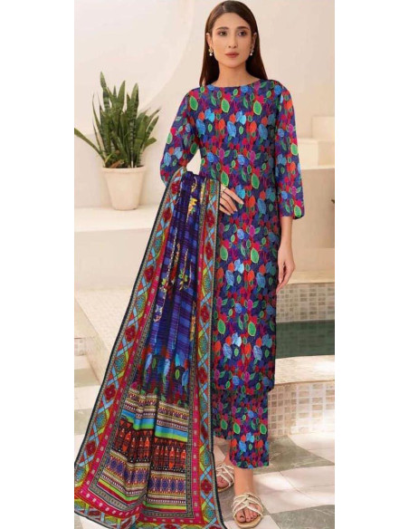Style blue printed khaddar suit -3  pcs Ensemble 