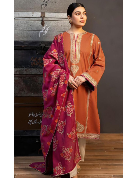 3 Pcs Women's Unstitched Embroidered Suit - Elegant Aur Stylish
