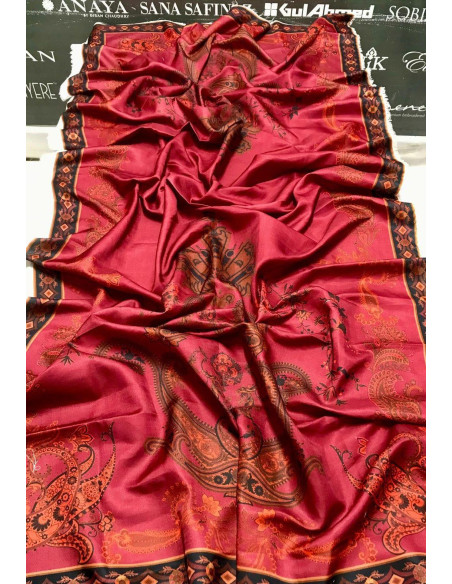 Style Maroon Printed Unstitched Suit - 3 Pcs with Wool Dupatta for Women