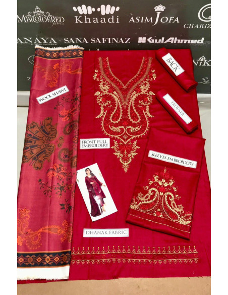 Style Maroon Printed Unstitched Suit - 3 Pcs with Wool Dupatta for Women