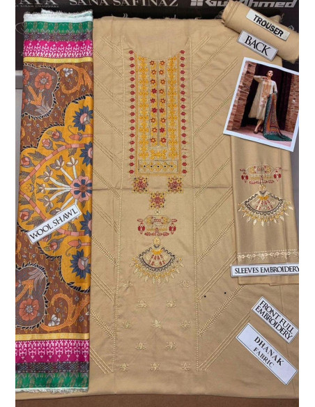 Unstitched Dhanak Embroidered Salwar Suit Set for Women - 3 Pcs