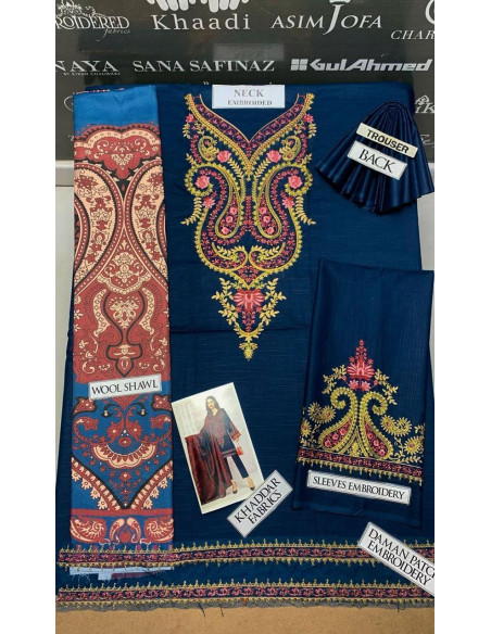3 pcs women's unstitched khaddar embroidered suit 