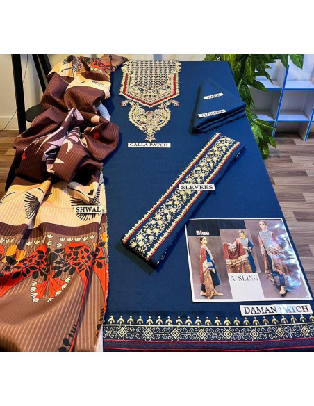 Elegant blue embroidered 3 pcs suit 