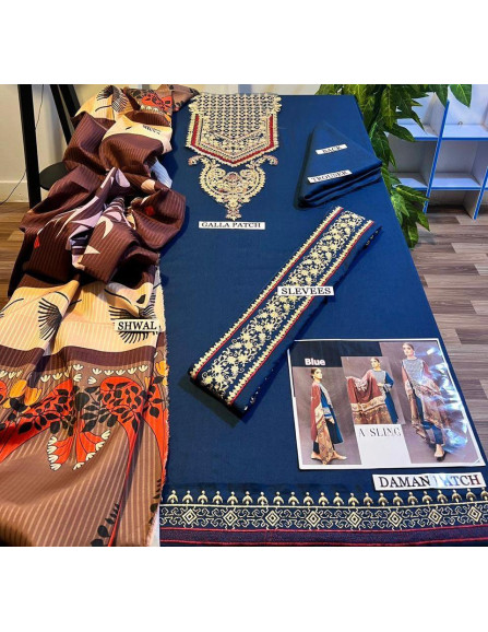 Elegant blue embroidered 3 pcs suit 