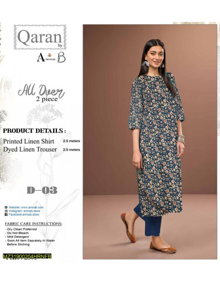 2 Pcs Women Unstitched Linen Printed Suit