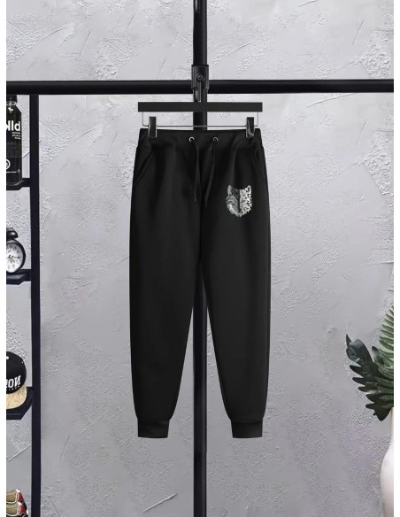 Men's Fleece Hoodie Track Suit - 2 Pcs Grey Printed Set, Wolf