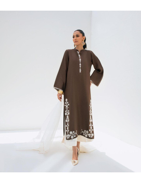 Embroidered Dhanak Suit Set - 2 Pcs in Brown