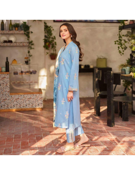 Blue Embroidered Dhanak Suit - 2 Pcs with Stylish Patch Work Trouser