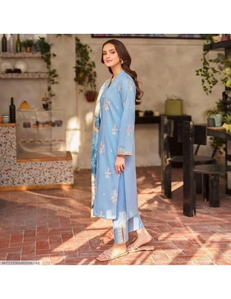 Blue Embroidered Dhanak Suit - 2 Pcs with Stylish Patch Work Trouser