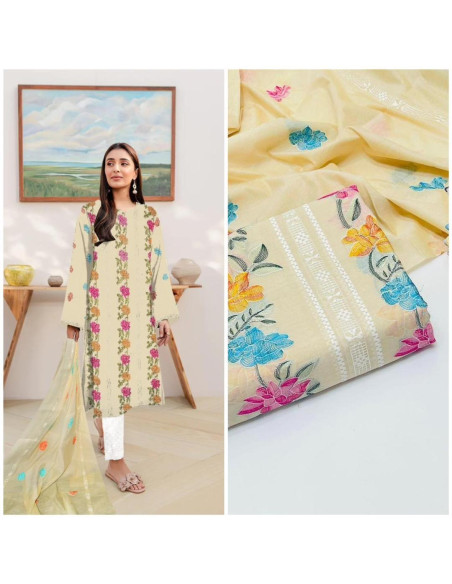 2 Pcs Women's Unstitched Lawn Embroidered Suit