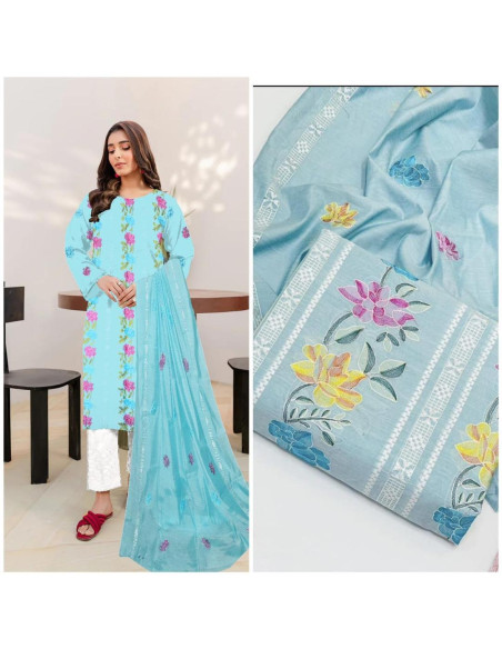 3 Pcs Women's Unstitched Paper Cotton Embroidered Suit