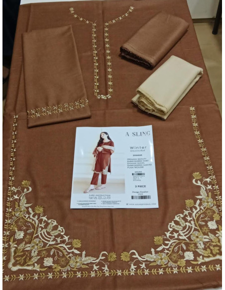 3 Pcs Women's Unstitched Dhanak Embroidered Suit