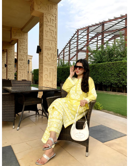 2 Pcs Women's Stitched Linen Chikankari Embroidered Shirt And Trouser