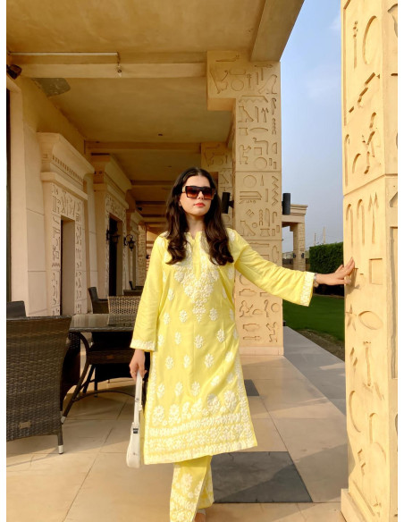 2 Pcs Women's Stitched Linen Chikankari Embroidered Shirt And Trouser