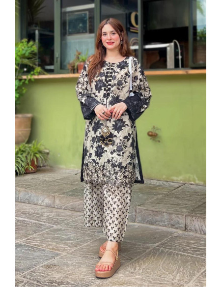 Printed Khaddar Women's Suit - 3 Pcs Ensemble in Black & Beige