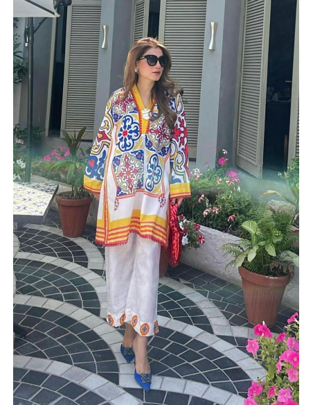 Women's Stitched Khaddar Printed Shirt and Trouser Set - Digital Print Design